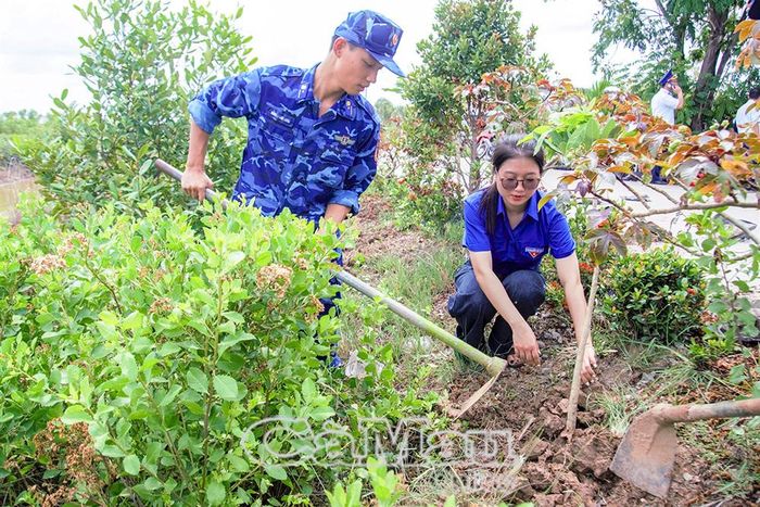  Các lực lượng ra quân trồng cây trên các tuyến đường.