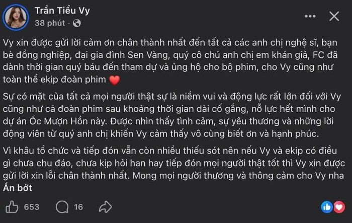 Hoa hậu Tiểu Vy lên tiếng trên trang cá nhân. Ảnh chụp màn hình