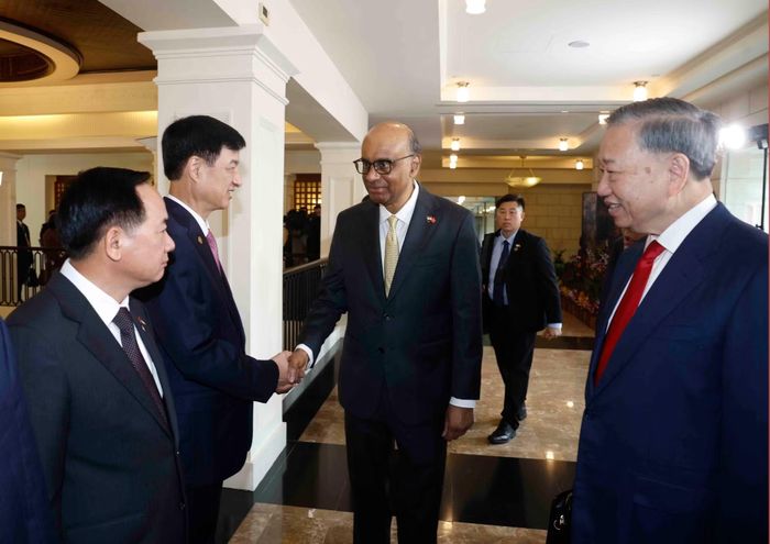 Tổng Bí thư, Chủ tịch nước Tô Lâm giới thiệu với Tổng thống Singapore Tharman Shanmugaratnam thành viên đoàn đại biểu cấp cao Việt Nam dự Lễ đón. (Ảnh: Thống Nhất/TTXVN)