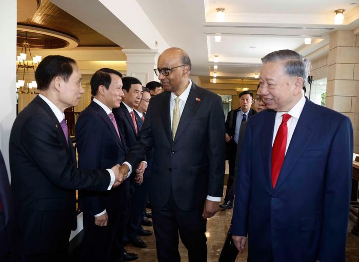 Tổng Bí thư, Chủ tịch nước Tô Lâm giới thiệu với Tổng thống Singapore Tharman Shanmugaratnam thành viên đoàn đại biểu cấp cao Việt Nam dự Lễ đón. (Ảnh: Thống Nhất/TTXVN)