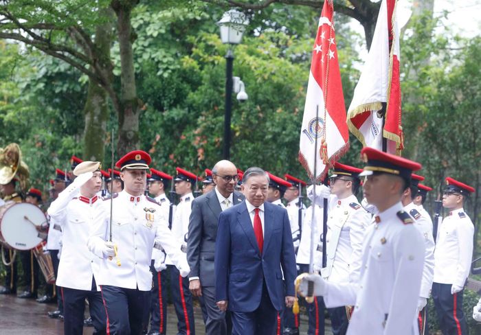 Tổng Bí thư, Chủ tịch nước Tô Lâm và Tổng thống Singapore Tharman Shanmugaratnam duyệt Đội danh dự. (Ảnh: Thống Nhất/TTXVN)