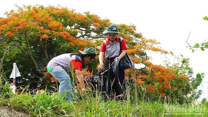 Thiếu nhi thu gom rác tại khu vực vùng đệm Vườn quốc gia Tràm Chim, tỉnh Đồng Tháp.
