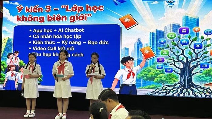 Một nhóm thiếu nhi trình bày chủ đề “Học tập suốt đời trong kỷ nguyên số”.