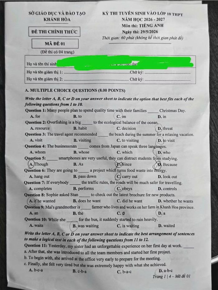 Đề thi Tiếng Anh vào lớp 10 Khánh Hòa năm 2026. Nguồn Vietnamnet