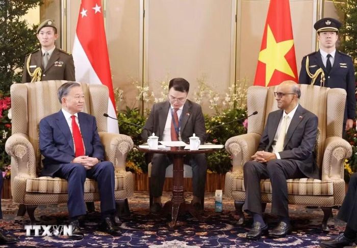 Tổng Bí thư, Chủ tịch nước Tô Lâm tiến hành hội đàm với Tổng thống Singapore Tharman Shanmugaratnam. Ảnh: TTXVN