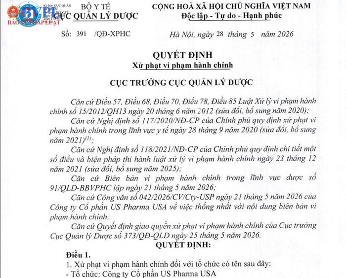  Quyết định xử phạt vi phạm hành chính đối với Công ty Cổ phần US Pharma USA. (Ảnh:MP)