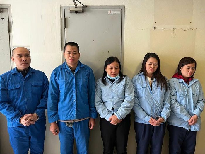  Từ trái qua phải, các bị cáo: Đỗ Doãn Tiến, Đỗ Đình Long, Nguyễn Thị Huy, Bùi Lan Anh và Nguyễn Thị Bích. Ảnh: CAHN