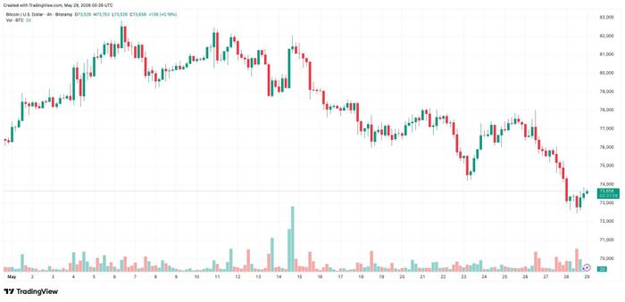 Biểu đồ BTC/USD theo khung 4 giờ tính đến 29/5. Ảnh: TradingView/Bitstamp
