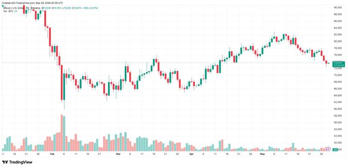 Biểu đồ giá theo ngày của BTC tính đến 29/5. Ảnh: TradingView/Bitstamp