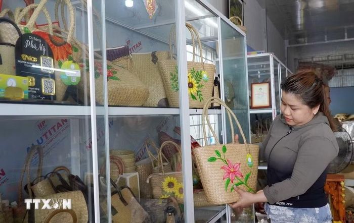Nhiều sản phẩm thủ công mỹ nghệ từ cỏ bàng được xuất khẩu sang nước ngoài, giúp nâng cao thu nhập cho người dân. (Ảnh: Văn Sĩ/TTXVN)