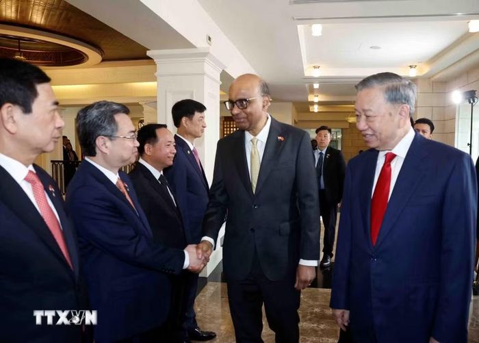 Tổng Bí thư, Chủ tịch nước Tô Lâm giới thiệu với Tổng thống Singapore Tharman Shanmugaratnam thành viên đoàn đại biểu cấp cao Việt Nam dự Lễ đón. (Ảnh: Thống Nhất/TTXVN)