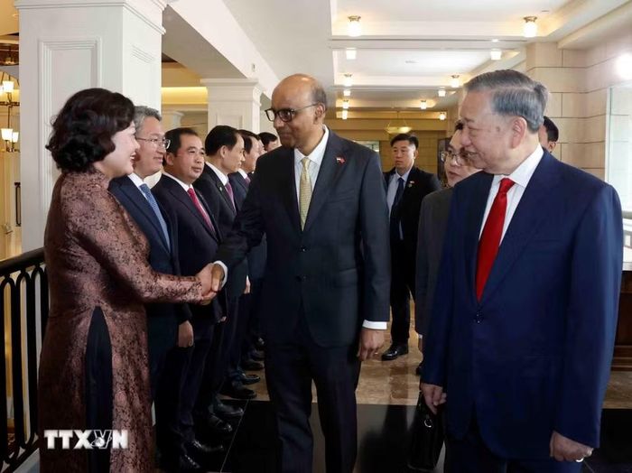 Tổng Bí thư, Chủ tịch nước Tô Lâm giới thiệu với Tổng thống Singapore Tharman Shanmugaratnam thành viên đoàn đại biểu cấp cao Việt Nam dự Lễ đón. (Ảnh: Thống Nhất/TTXVN)
