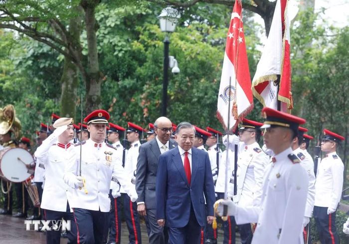 Tổng Bí thư, Chủ tịch nước Tô Lâm và Tổng thống Singapore Tharman Shanmugaratnam duyệt Đội danh dự. (Ảnh: Thống Nhất/TTXVN)