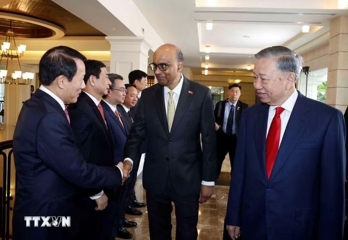 Tổng Bí thư, Chủ tịch nước Tô Lâm giới thiệu với Tổng thống Singapore Tharman Shanmugaratnam thành viên đoàn đại biểu cấp cao Việt Nam dự Lễ đón. (Ảnh: Thống Nhất/TTXVN)