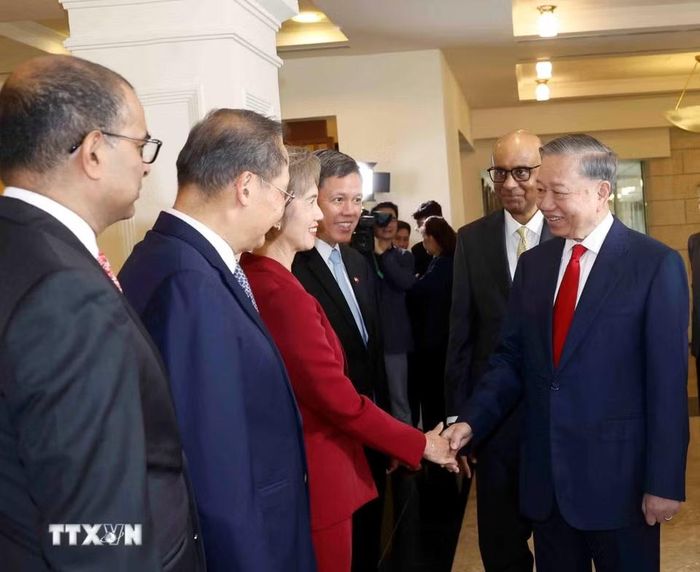 Tổng Bí thư, Chủ tịch nước Tô Lâm với thành viên đoàn đại biểu cấp cao Singapore dự Lễ đón. (Ảnh: Thống Nhất/TTXVN)