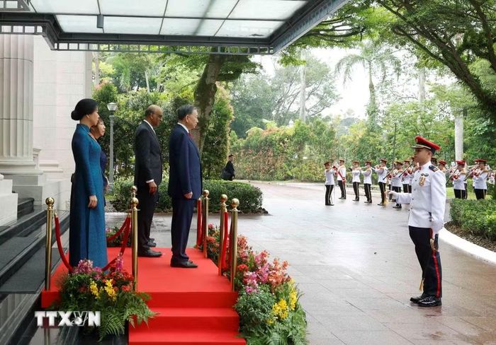 Lễ đón Tổng Bí thư, Chủ tịch nước Tô Lâm và Phu nhân được tổ chức trọng thể tại trụ sở Bộ Ngoại giao ở thủ đô Singapore. (Ảnh: Thống Nhất/TTXVN)