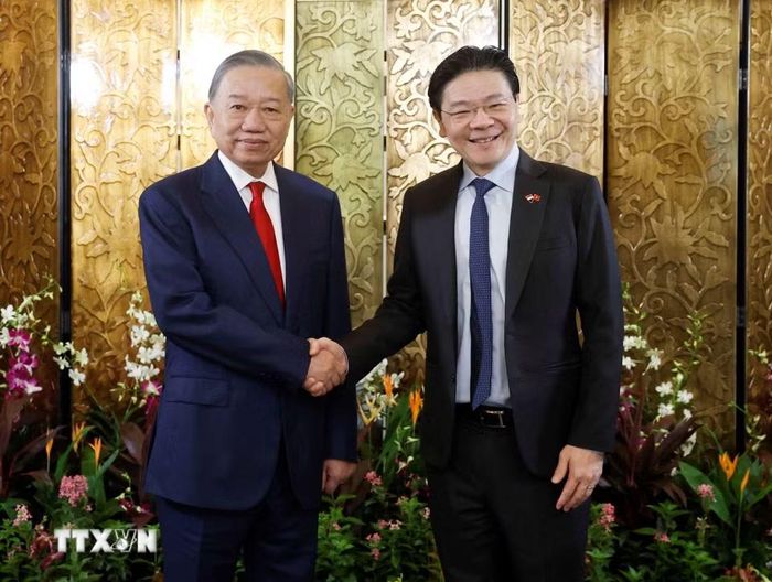 Tổng Bí thư, Chủ tịch nước Tô Lâm hội đàm với Thủ tướng Singapore Lawrence Wong. (Ảnh: Thống Nhất/TTXVN)