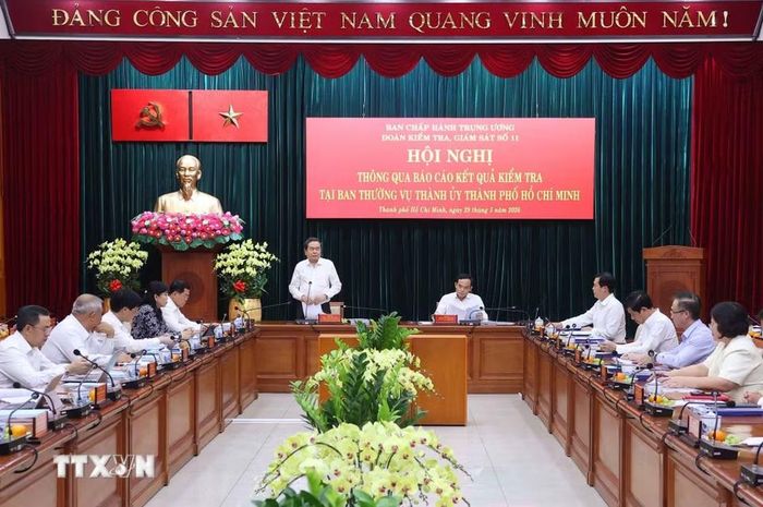 Chủ tịch Quốc hội Trần Thanh Mẫn, Trưởng Đoàn kiểm tra, giám sát số 11 phát biểu. (Ảnh: Văn Điệp/TTXVN)