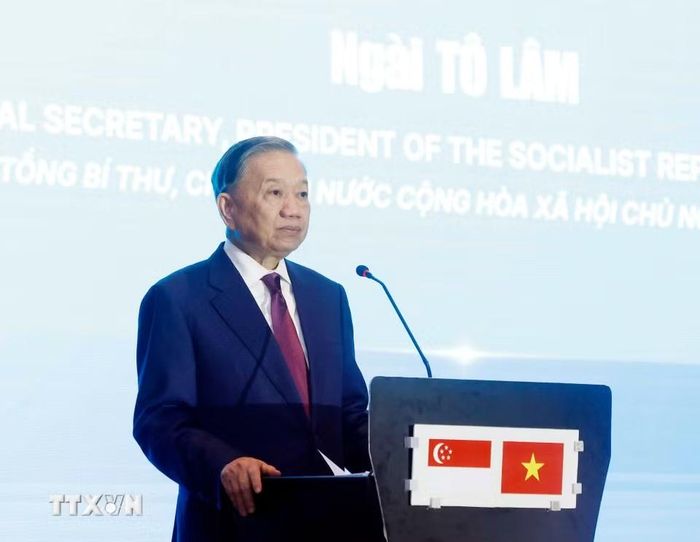 Tổng Bí thư, Chủ tịch nước Tô Lâm phát biểu tại Diễn đàn Kết nối công nghệ Việt Nam- Singapore. (Ảnh: Thống Nhất/TTXVN)