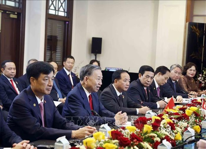 Tổng Bí thư, Chủ tịch nước Tô Lâm phát biểu tại cuộc hội đàm với Thủ tướng Singapore Lawrence Wong. Ảnh: Thống Nhất/TTXVN
