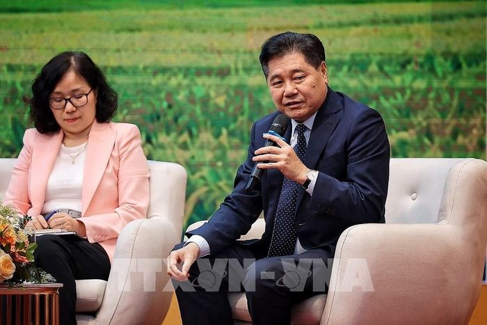 Ông Lê Quốc Thanh, Giám đốc Trung tâm Khuyến nông Quốc gia trao đổi tại tọa đàm. Ảnh: Phạm Tuấn Anh - TTXVN 