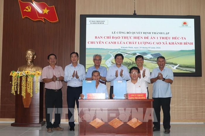 Ký kết biên bản liên kết sản xuất giữa Hợp tác xã Nông nghiệp Minh Hà (Khánh Bình) và Tập đoàn Lộc Trời. Ảnh: Tuấn Phi - TTXVN