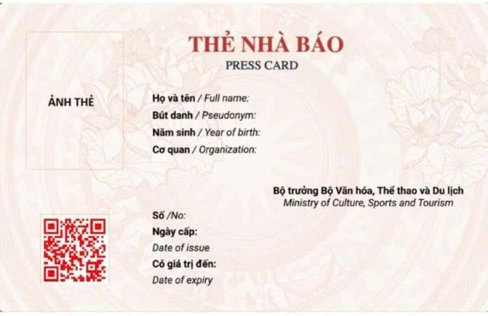 Thông tin trên mẫu thẻ nhà báo. Ảnh:Bộ Văn hóa, Thể thao và Du lịch.