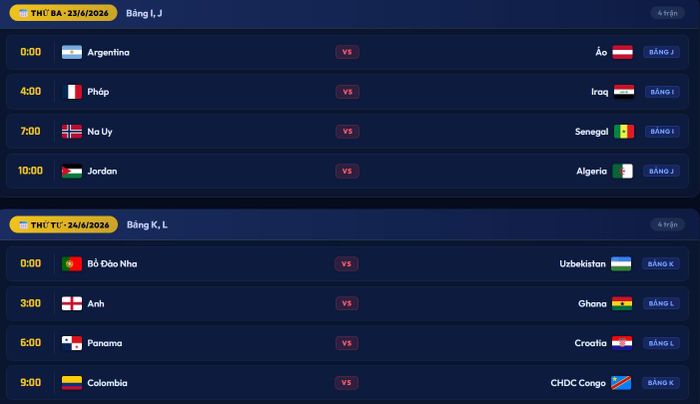 Lịch thi đấu World Cup 2026 từ ngày 23/6 đến 24/6.