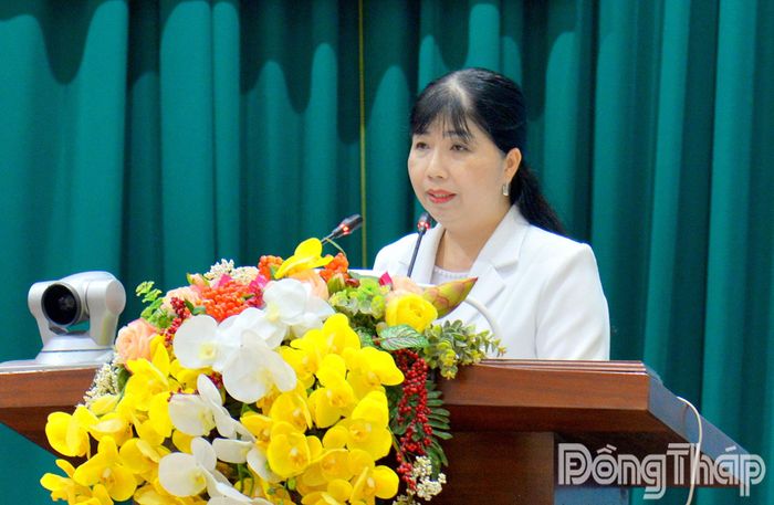 Đồng chí Trần Thị Thanh Tuyết, Phó Giám đốc Sở Nội vụ tỉnh Đồng Tháp phát biểu tại hội nghị.