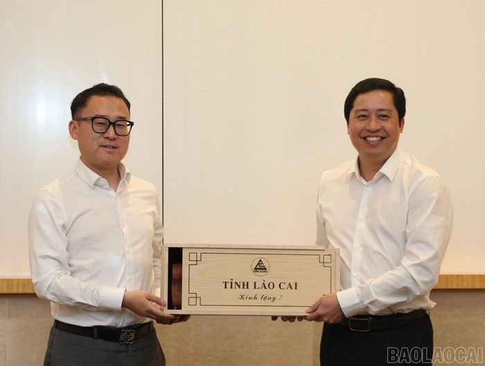 Lãnh đạo tỉnh Lào Cai và Tập đoàn Sunwah tặng quà lưu niệm.