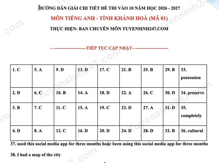 Đáp án đề thi vào lớp 10 môn tiếng Anh tỉnh Khánh Hòa năm 2026
