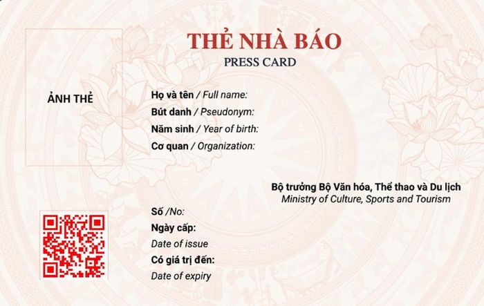 Mẫu thẻ nhà báo được ban hành theo Quyết định số Quyết định số 1246/QĐ-BVHTTDL ngày 29/5/2026 của Bộ Văn hóa, Thể thao và Du lịch