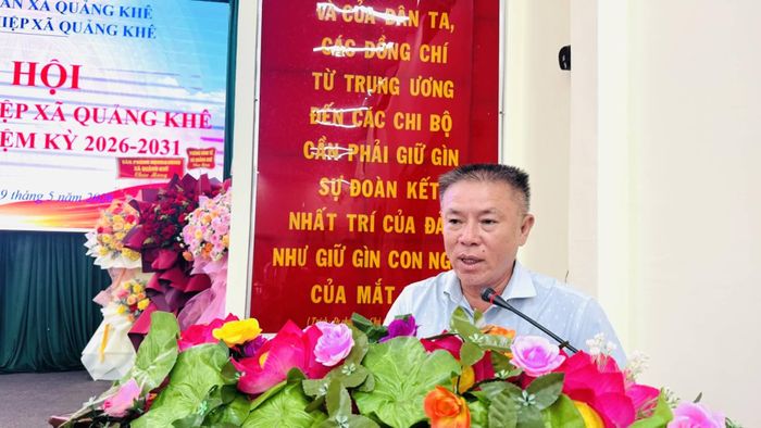 Ông Phạm Ngọc Hà - Chủ tịch Hội Doanh nghiệp xã Quảng Khê nhiệm kỳ 2026 – 2031, phát biểu nhận nhiệm vụ. Ảnh: Kiến Giang.