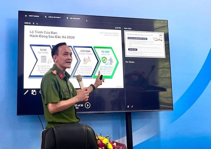 Thượng tá Nguyễn Minh Thu, Phó trưởng Khoa THAHS, Trường Đại học CSND tuyên truyền, phổ biến, giáo dục pháp luật cho phạm nhân tại Trại tạm giam số 1.