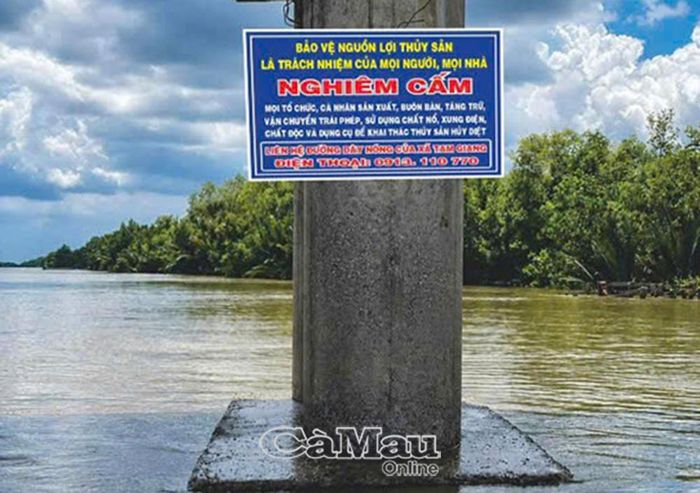 Những biển báo nghiêm cấm hành vi sử dụng công cụ kích điện khai thác thủy sản được Công an xã Tam Giang lắp đặt trên các tuyến kênh, rạch tại địa bàn.