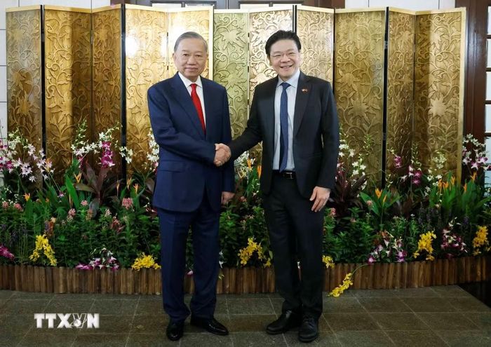 Tổng Bí thư, Chủ tịch nước Tô Lâm chụp ảnh chung với Thủ tướng Singapore Lawrence Wong. (Ảnh: Thống Nhất/TTXVN)
