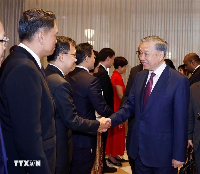 Tổng Bí thư, Chủ tịch nước Tô Lâm và Tổng thống Singapore Tharman Shanmugaratnam với các đại biểu. (Ảnh: Thống Nhất/TTXVN)