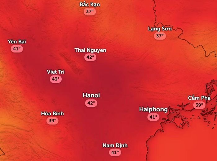 Nhiệt độ cảm nhận ở một số khu vực tại miền Bắc chiều mai, 31/5. Ảnh: Zoom Earth, OpenStreetMap, ICON.