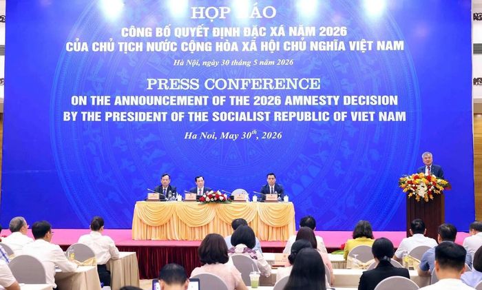 Quang cảnh buổi họp báo công bố quyết định đặc xá của Chủ tịch nước. Ảnh: Phạm Hải