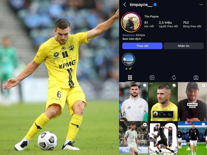 Tim Payne trong màu áo CLB Wellington Phoenix (trái) và trang cá nhân chạm mốc 2,5 triệu lượt theo dõi (phải). Ảnh: @timpayne/Instagram.