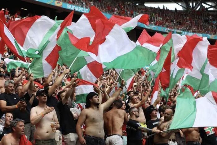 Cổ động viên chủ nhà Hungary trên khán đài Puskas Arena tại EURO 2020