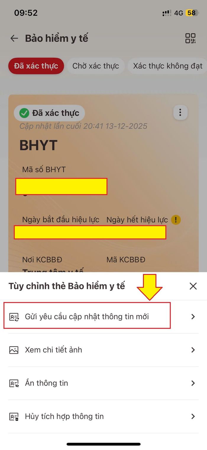 Nhấp chọn "Gửi yêu cầu cập nhật thông tin mới"