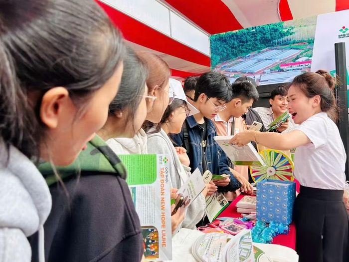 Các doanh nghiệp giới thiệu đến sinh viên những ưu đãi về nghề nghiệp tại Ngày hội việc làm.