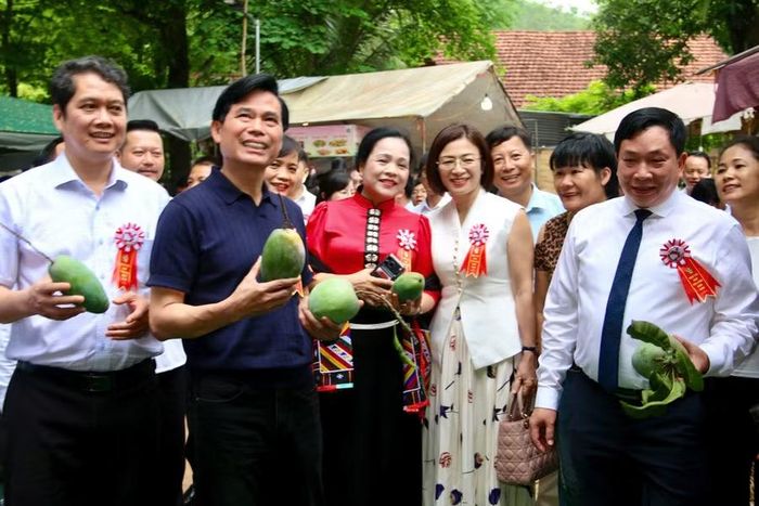 Các đại biểu tỉnh Sơn La và tỉnh Lạng Sơn tham quan, trải nghiệm gian hàng trưng bày xoài.