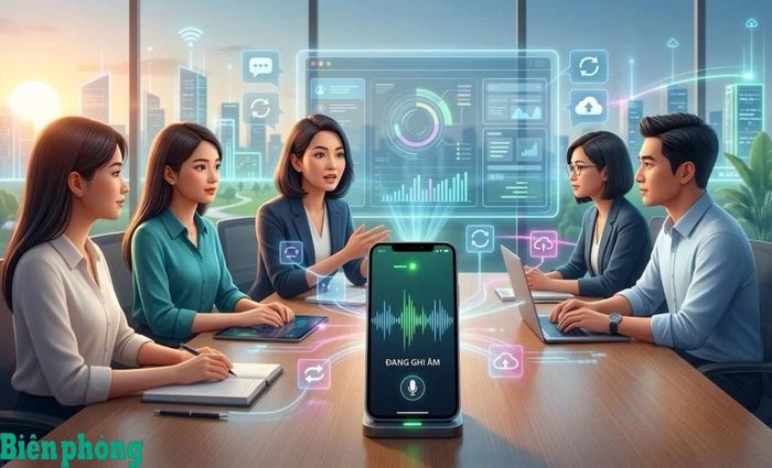 Nhân viên văn phòng sử dụng điện thoại thông minh đặt trên bàn họp để ghi âm nội dung thảo luận một cách chuyên nghiệp. Đồ họa: Thái Bình