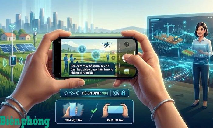 Cần cầm máy bằng hai tay để đảm bảo video quay hiện trường không bị rung lắc. Đồ họa: Thái Bình