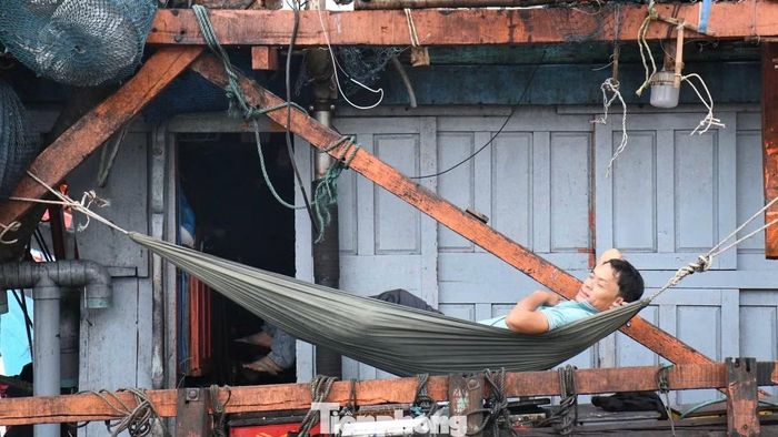 Thuyền viên ăn uống, nghỉ ngơi ngay dưới những dàn phơi, trên các chiếc võng buộc tạm vào thành tàu.