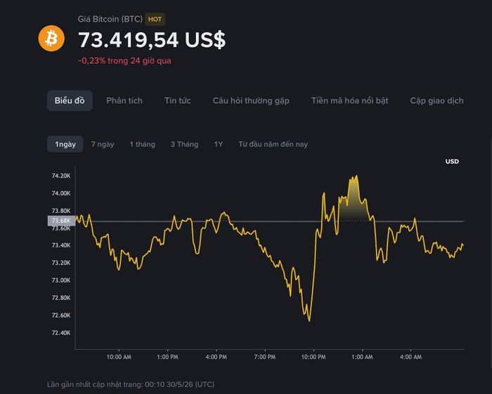 Tính đến sáng 30/5, Bitcoin được giao dịch quanh 73.419 USD, giảm 0,23% trong 24 giờ qua. Ảnh: Binance