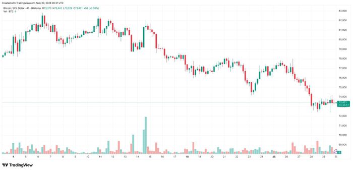 Biểu đồ BTC/USD theo khung 4 giờ tính đến 30/5. Ảnh: TradingView/Bitstamp