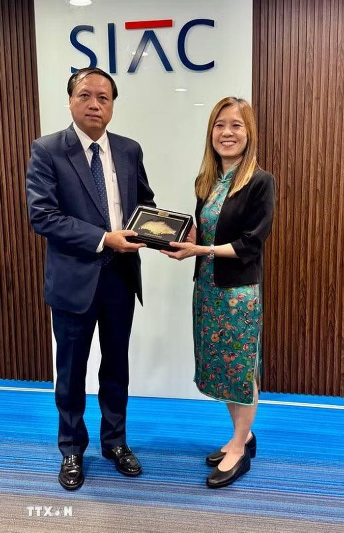 Phó Chánh án Tòa án Nhân dân tối cao Lê Tiến và Giám đốc điều hành Trung tâm Trọng tài quốc tế Singapore Gloria Lim. (Ảnh: Đỗ Vân/TTXVN)